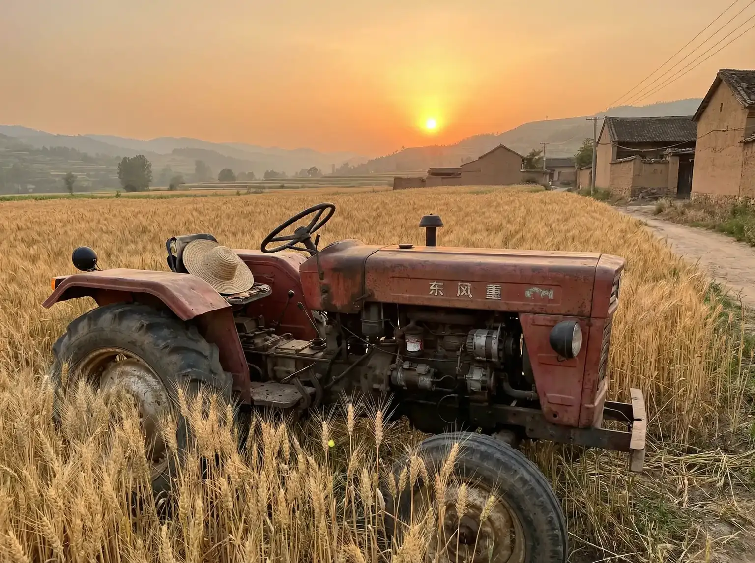 夕阳下的老式拖拉机停在麦田边 - 日本又黄又爽gif动态图 田间记忆